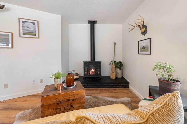 14347 Memorywood Dr, Baxter, MN 56425 - living area with a wood stove, a textured ceiling, wood finished floors, and baseboards