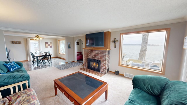 7030 147th Ave SE, Lake Lillian, MN 56253 - living room featuring crown molding, a textured ceiling, a ceiling fan, a fireplace, and arched walkways