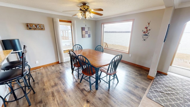 7030 147th Ave SE, Lake Lillian, MN 56253 - dining space featuring light wood-type flooring, baseboards, a ceiling fan, ornamental molding, and a textured ceiling