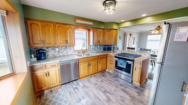 7030 147th Ave SE, Lake Lillian, MN 56253 - kitchen featuring stainless steel appliances, a sink, a peninsula, light wood finished floors, and recessed lighting