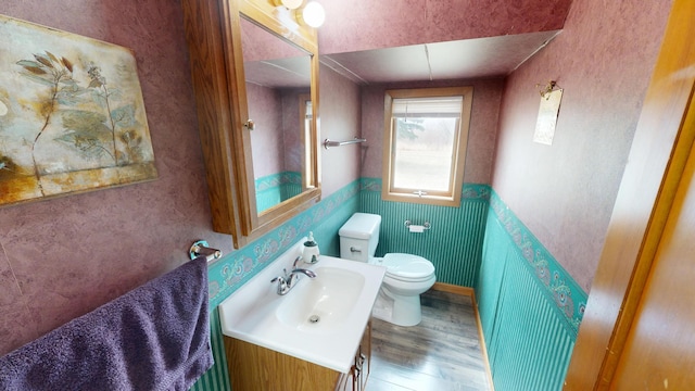 7030 147th Ave SE, Lake Lillian, MN 56253 - half bathroom featuring wood finished floors, toilet, wainscoting, and vanity