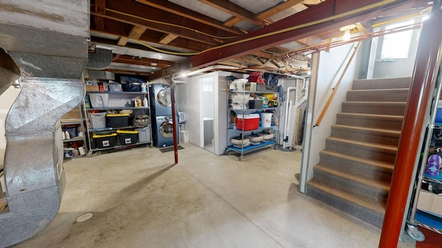 7030 147th Ave SE, Lake Lillian, MN 56253 - basement featuring stacked washer and clothes dryer and stairs