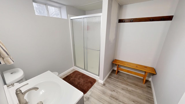 7030 147th Ave SE, Lake Lillian, MN 56253 - full bath featuring a sink, a stall shower, wood finished floors, baseboards, and toilet