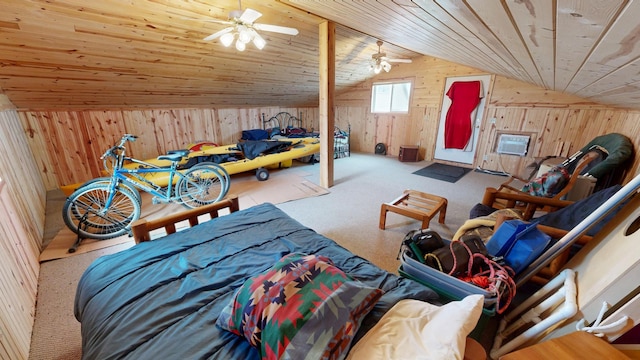 7030 147th Ave SE, Lake Lillian, MN 56253 - carpeted bedroom featuring wood walls and vaulted ceiling