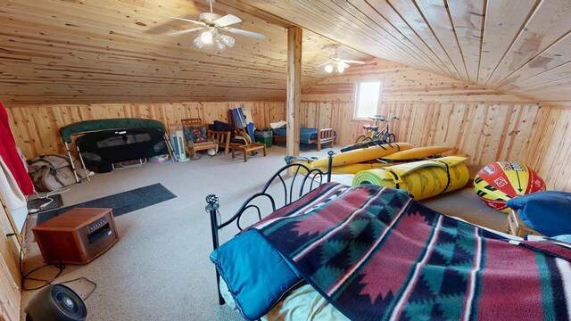 7030 147th Ave SE, Lake Lillian, MN 56253 - carpeted bedroom with wood walls, wood ceiling, and vaulted ceiling