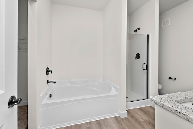 18761 Grant St NW, Elk River, MN 55330 - full bathroom with a shower stall, vanity, a bath, and wood finished floors
