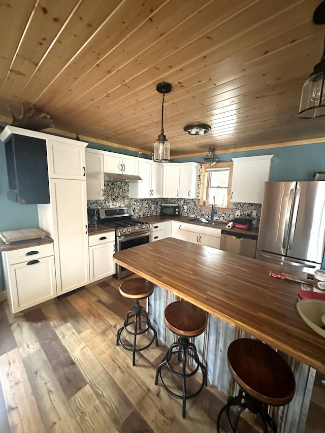 kitchen featuring under cabinet range hood, wooden ceiling, appliances with stainless steel finishes, and dark wood-type flooring