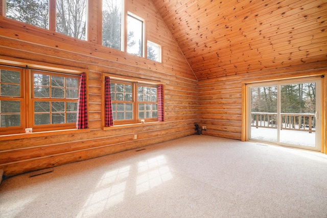 21339 Finch Dr, Park Rapids, MN 56470 - spare room featuring high vaulted ceiling, wood ceiling, carpet flooring, and log walls