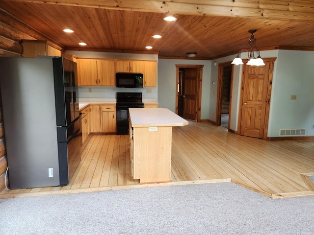 21339 Finch Dr, Park Rapids, MN 56470 - kitchen with black appliances, light countertops, recessed lighting, wooden ceiling, and pendant lighting