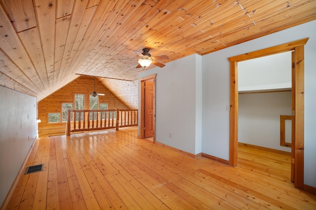 21339 Finch Dr, Park Rapids, MN 56470 - additional living space featuring a ceiling fan, wood-type flooring, wooden ceiling, vaulted ceiling, and baseboards