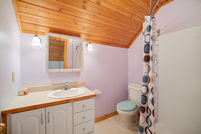 21339 Finch Dr, Park Rapids, MN 56470 - bathroom with vaulted ceiling, toilet, vanity, curtained shower, and wooden ceiling