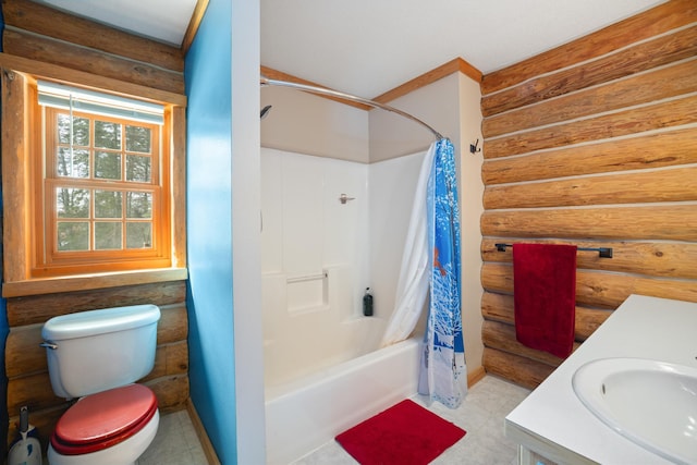 21339 Finch Dr, Park Rapids, MN 56470 - bathroom featuring log walls, toilet, shower / tub combo with curtain, vanity, and tile patterned flooring