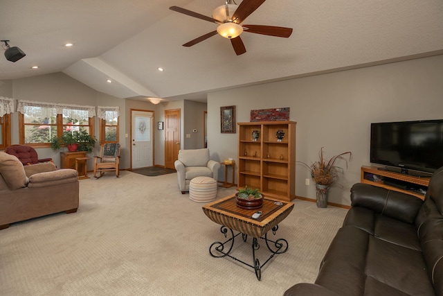 3195 115th St NW, Oronoco, MN 55960 - living area featuring light colored carpet, vaulted ceiling, a ceiling fan, recessed lighting, and baseboards
