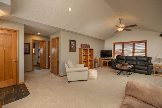 3195 115th St NW, Oronoco, MN 55960 - living room featuring carpet flooring, a ceiling fan, vaulted ceiling, baseboards, and recessed lighting