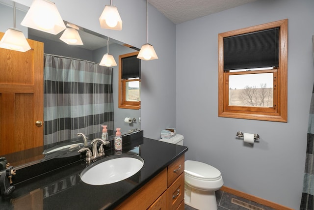 3195 115th St NW, Oronoco, MN 55960 - full bathroom featuring toilet, vanity, a textured ceiling, curtained shower, and baseboards