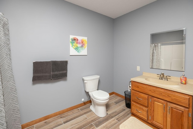 3195 115th St NW, Oronoco, MN 55960 - full bathroom featuring wood finished floors, toilet, baseboards, vanity, and curtained shower