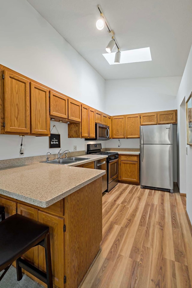 kitchen featuring appliances with stainless steel finishes, a sink, a skylight, a peninsula, and high vaulted ceiling