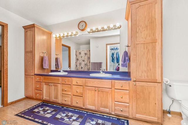3358 70th Ave N, Moorhead, MN 56560 - bathroom with toilet, double vanity, baseboards, and wood finished floors