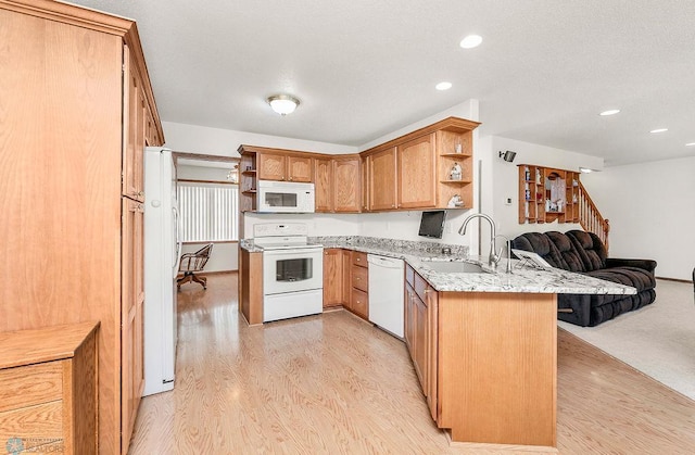 3358 70th Ave N, Moorhead, MN 56560 - kitchen featuring open shelves, white appliances, a peninsula, open floor plan, and light wood-style floors