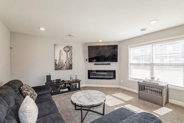 living area featuring a glass covered fireplace, carpet, and a healthy amount of sunlight