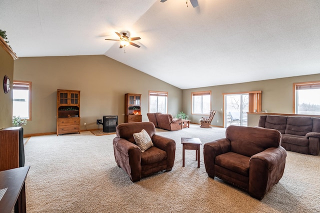 34506 Pleasant Point Dr, Homer Twp, MN 55987 - living area with a ceiling fan, a wood stove, light carpet, and lofted ceiling