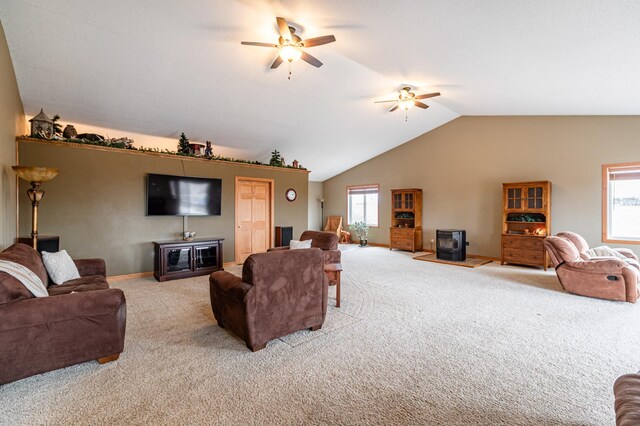 34506 Pleasant Point Dr, Homer Twp, MN 55987 - living area with a wood stove, a ceiling fan, carpet flooring, vaulted ceiling, and baseboards