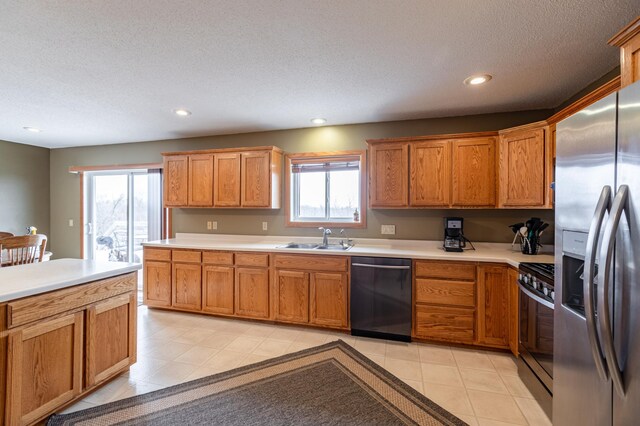 34506 Pleasant Point Dr, Homer Twp, MN 55987 - kitchen with stainless steel appliances, a sink, a textured ceiling, healthy amount of natural light, and light countertops