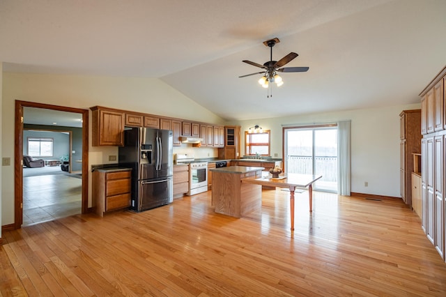 34506 Pleasant Point Dr, Homer Twp, MN 55987 - kitchen with white gas range, stainless steel fridge, vaulted ceiling, light wood-style floors, and a ceiling fan