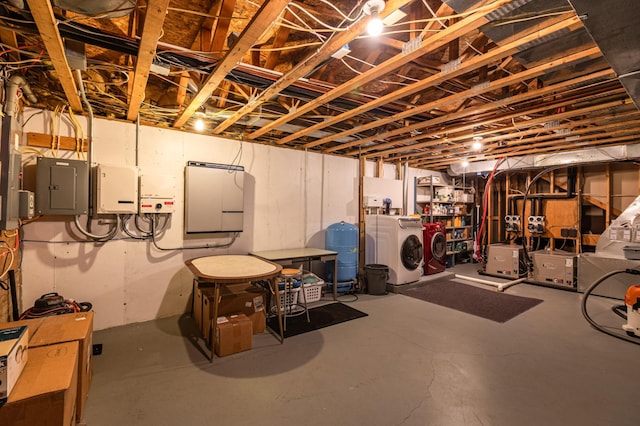 34506 Pleasant Point Dr, Homer Twp, MN 55987 - unfinished basement with electric panel, a water pressure tank, and washer and clothes dryer
