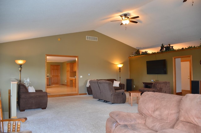 34506 Pleasant Point Dr, Homer Twp, MN 55987 - living room with a ceiling fan, lofted ceiling, and light carpet