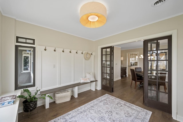 4767 Lake Ave, White Bear Lake, MN 55110 - mudroom with french doors, dark wood-type flooring, crown molding, and baseboards