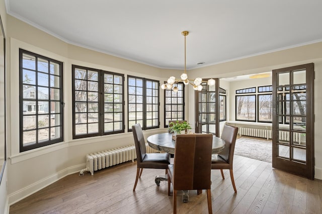 4767 Lake Ave, White Bear Lake, MN 55110 - dining room with radiator, a chandelier, plenty of natural light, and crown molding