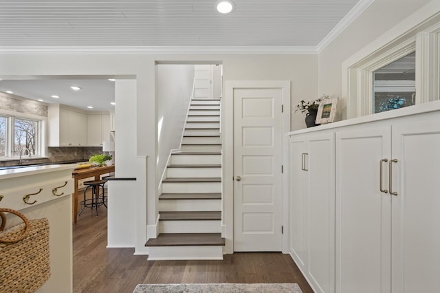4767 Lake Ave, White Bear Lake, MN 55110 - stairs featuring wood finished floors and ornamental molding