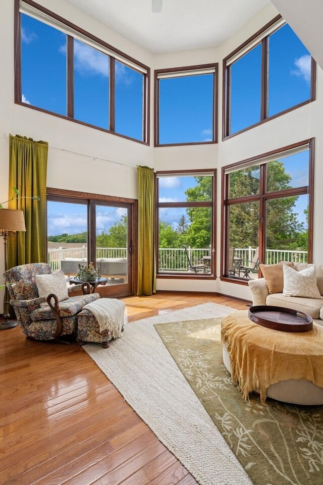 19826 Dakota Ave, Prior Lake, MN 55372 - living area featuring plenty of natural light, a towering ceiling, and hardwood / wood-style flooring
