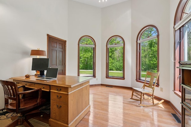 19826 Dakota Ave, Prior Lake, MN 55372 - office space featuring healthy amount of natural light, a high ceiling, light wood-style flooring, and baseboards