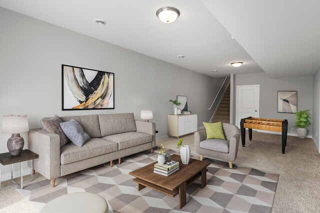 1591 76th St W, Inver Grove Heights, MN 55077 - living room with stairway, light carpet, and baseboards