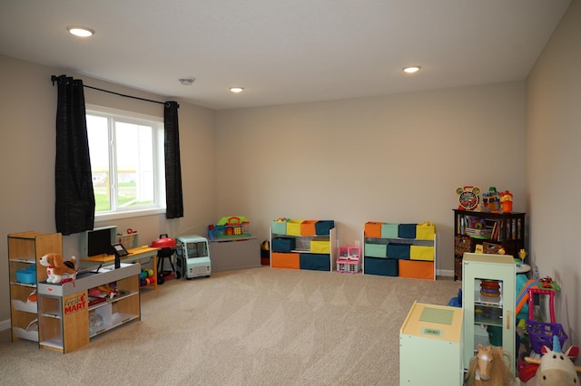 game room featuring recessed lighting and carpet flooring