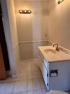 bathroom with vanity, toilet, and tile patterned floors