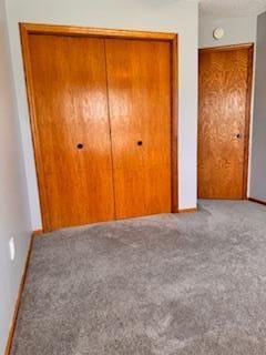 unfurnished bedroom with carpet, a closet, and baseboards