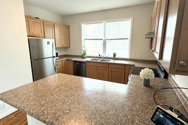 716 Desoto St, Saint Paul, MN 55130 - kitchen with a peninsula, light brown cabinets, wall chimney exhaust hood, a sink, and stainless steel appliances