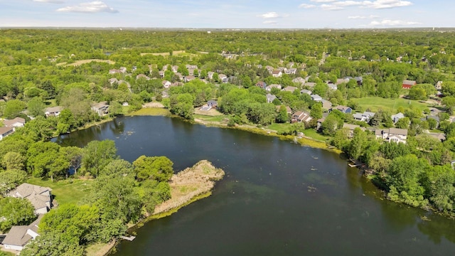 aerial overview of property's location featuring a forest and a nearby body of water