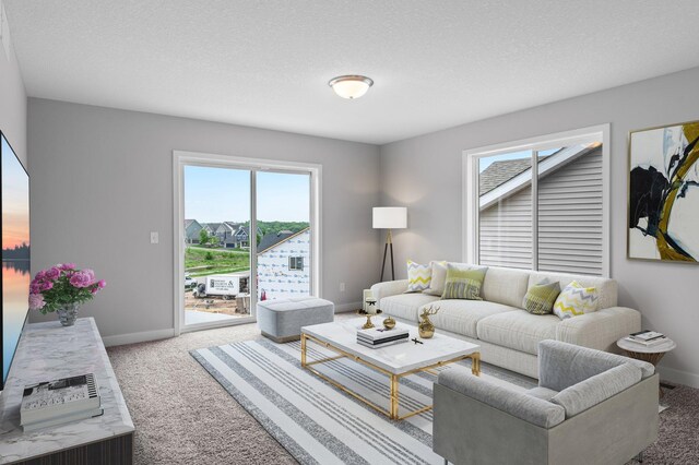 1595 76th St W, Inver Grove Heights, MN 55077 - living room with carpet, plenty of natural light, baseboards, and a textured ceiling
