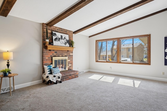 living room featuring lofted ceiling with beams, carpet flooring, baseboards, a brick fireplace, and visible vents