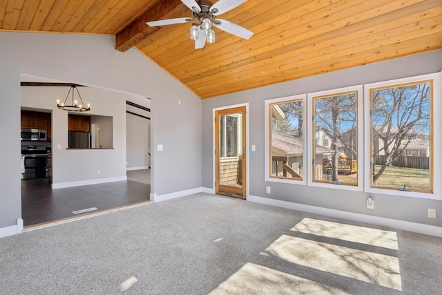 empty room with dark carpet, baseboards, ceiling fan with notable chandelier, and wood ceiling