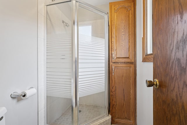 bathroom with toilet and a stall shower