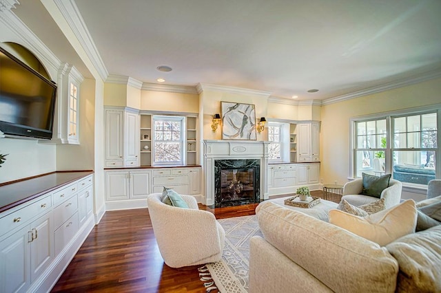 4927 Lake Ave, White Bear Lake, MN 55110 - living area featuring crown molding, a high end fireplace, dark wood-style flooring, and recessed lighting