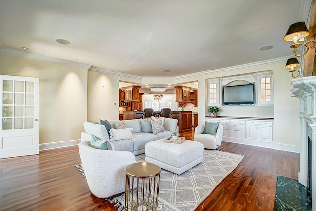 4927 Lake Ave, White Bear Lake, MN 55110 - living area featuring a fireplace with flush hearth, dark wood-style floors, and ornamental molding