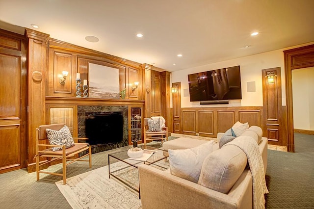 4927 Lake Ave, White Bear Lake, MN 55110 - living room featuring carpet floors, a fireplace, and recessed lighting