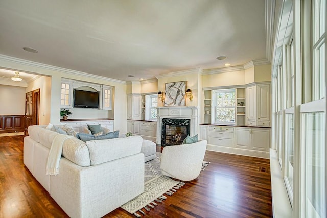 4927 Lake Ave, White Bear Lake, MN 55110 - living room with crown molding, a premium fireplace, and dark wood-style floors