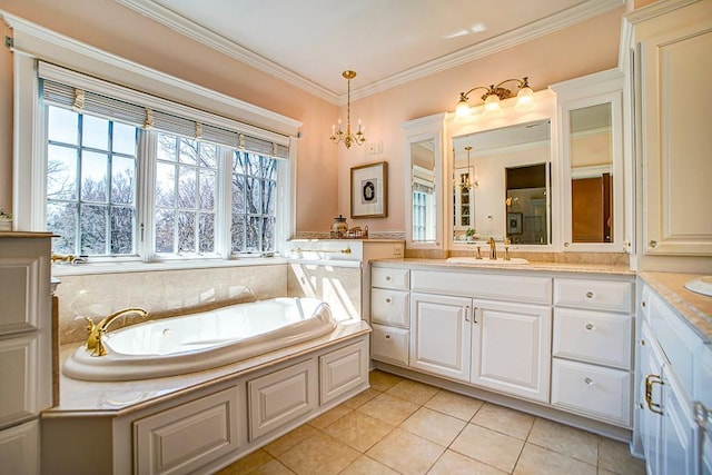 4927 Lake Ave, White Bear Lake, MN 55110 - full bath featuring tile patterned flooring, a bath, vanity, a chandelier, and crown molding